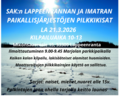 SAK Lappeenranta ja Imatra paikallisjärjestöjen pilkkikisat 21.3. Marjolassa ilmoitus